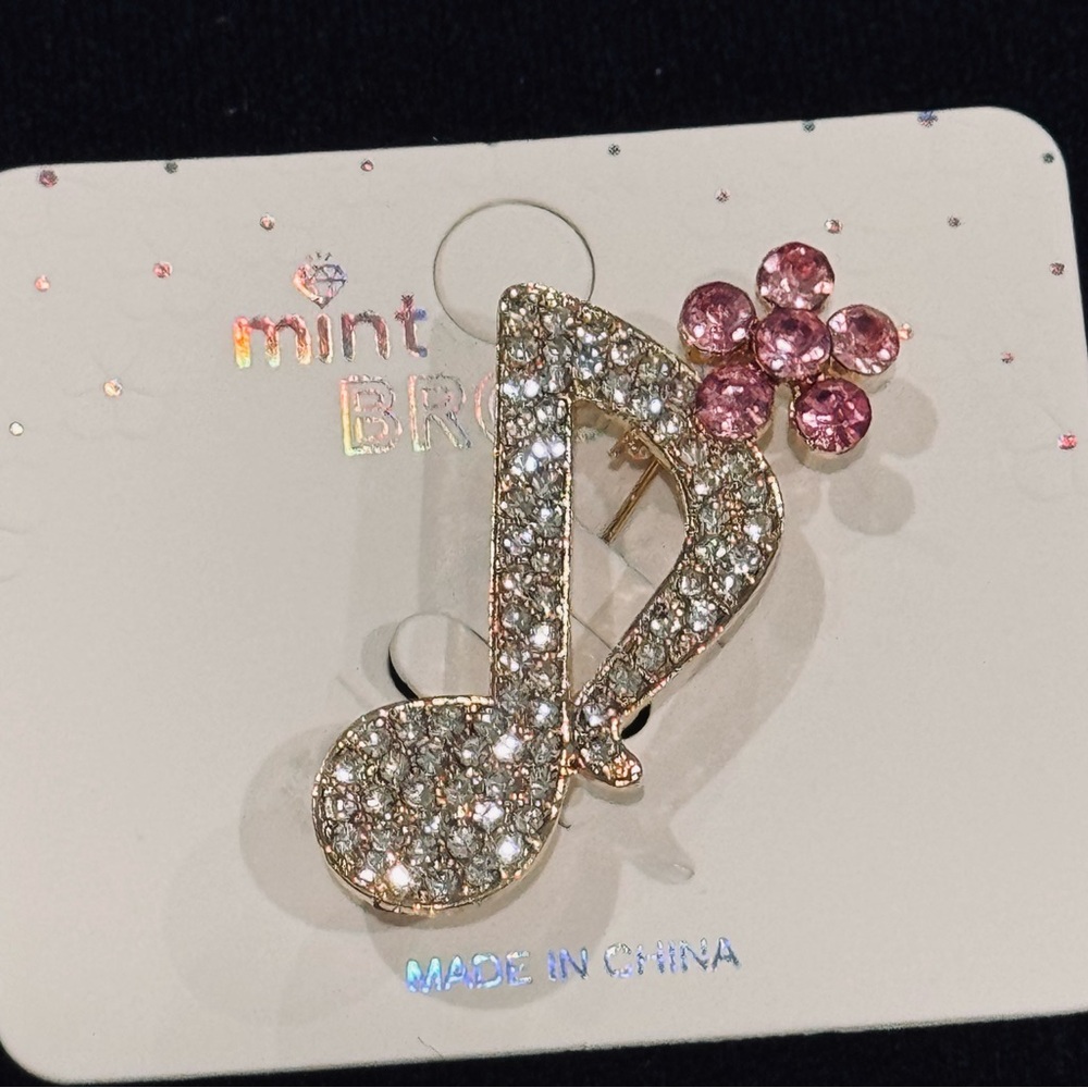 NWT Mint Rhinestone Music Note & Flower Brooch Pin Pink - Picture 2 of 8
